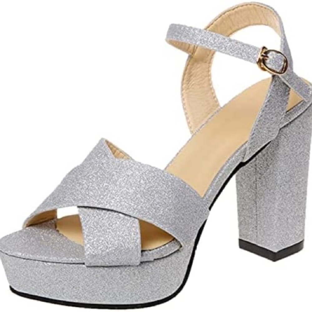Silver Thick Heels With Glitter